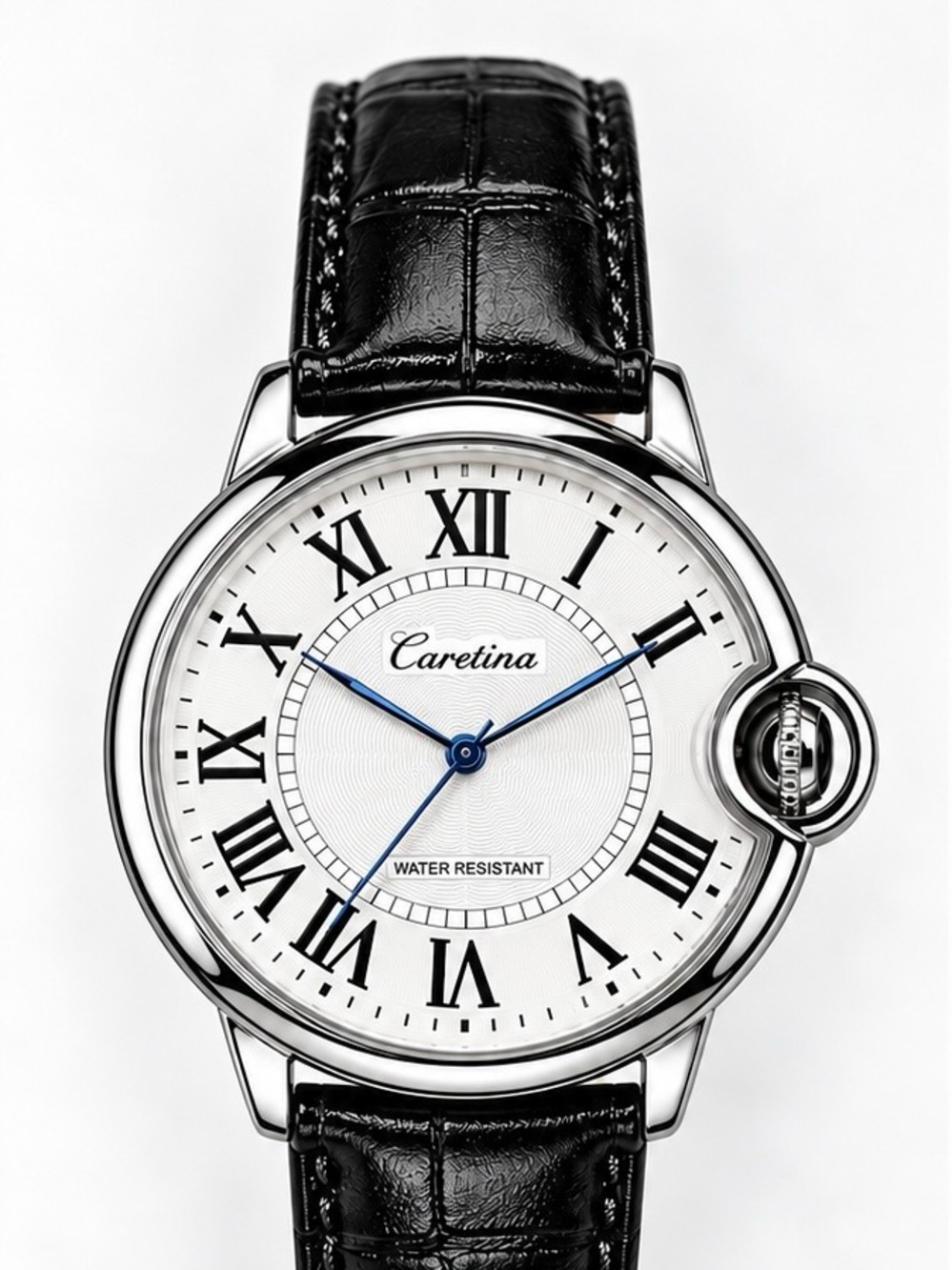Men's Black Leather Strap Silver Case Watch - White Dial